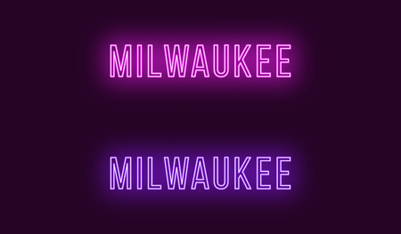 Neon name of Milwaukee city in USA. Vector text of Milwaukee, Neon inscription with backlight in Thin style, purple and violet colors. Isolated glowing title for decoration. Without overlay modeのイラスト素材