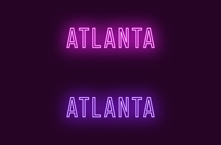 Neon name of Atlanta city in USA. Vector text of Atlanta, Neon inscription with backlight in Thin style, purple and violet colors. Isolated glowing title for decoration. Without overlay modeのイラスト素材