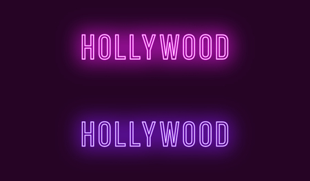 Neon name of Hollywood district in Los Angeles. Vector text of Hollywood, Neon inscription with backlight in Thin style, purple and violet colors. Isolated glowing title. Without overlay modeのイラスト素材