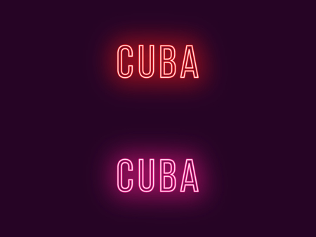 Neon name of Cuba Republic. Vector text of Cuba, Neon inscription with backlight in Thin style, red and pink colors. Isolated glowing title for decoration. Without overlay modeのイラスト素材