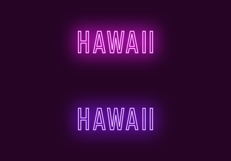 Neon name of Hawaii state in USA. Vector text of Hawaii, Neon inscription with backlight in Thin style, purple and violet colors. Isolated glowing title for decoration. Without overlay modeのイラスト素材