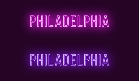 Neon name of Philadelphia city in USA. Vector text of Philadelphia, Neon inscription with backlight in Thin style, purple and violet colors. Isolated glowing title for decoration. Without overlay modeのイラスト素材