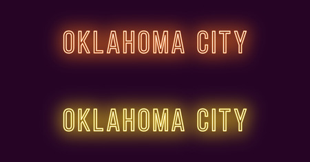 Neon name of Oklahoma City in USA. Vector text of Oklahoma, Neon inscription with backlight in Thin style, orange and yellow colors. Isolated glowing title for decoration. Without overlay modeのイラスト素材