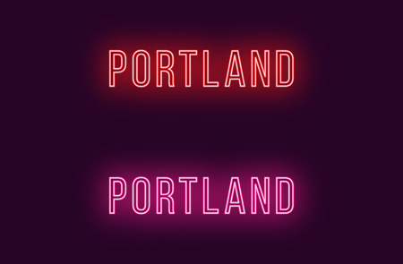 Neon name of Portland city in USA. Vector text of Portland, Neon inscription with backlight in Thin style, red and pink colors. Isolated glowing title for decoration. Without overlay modeのイラスト素材
