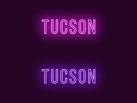 Neon name of Tucson city in USA. Vector text of Tucson, Neon inscription with backlight in Thin style, purple and violet colors. Isolated glowing title for decoration. Without overlay modeのイラスト素材