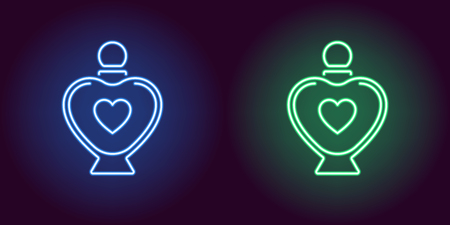 Neon perfume bottle, glowing icon. Vector illustration of perfume flacon with heart and backlight in neon style, blue and green colors. Glowing sign and fashion symbol for Valentine dayのイラスト素材