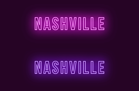 Neon name of Nashville city in USA. Vector text of Nashville, Neon inscription with backlight in Bold style, purple and violet colors. Isolated glowing title for decoration. Without overlay modeのイラスト素材
