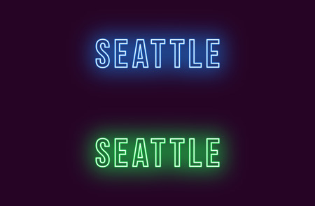 Neon name of Seattle city in USA. Vector text of Seattle, Neon inscription with backlight in Bold style, blue and green colors. Isolated glowing title for decoration. Without overlay modeのイラスト素材