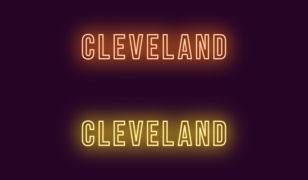 Neon name of Cleveland city in USA. Vector text of Cleveland, Neon inscription with backlight in Bold style, orange and yellow colors. Isolated glowing title for decoration. Without overlay modeのイラスト素材