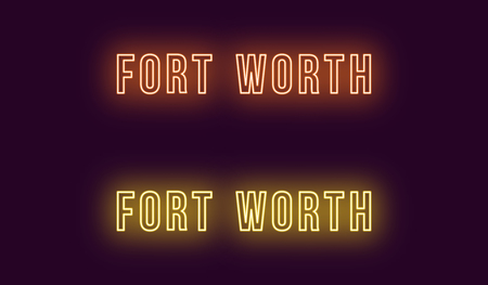 Neon name of Fort Worth city in USA. Vector text of Fort Worth, Neon inscription with backlight in Bold style, orange and yellow colors. Isolated glowing title for decoration. Without overlay modeのイラスト素材