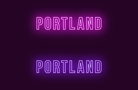 Neon name of Portland city in USA. Vector text of Portland, Neon inscription with backlight in Bold style, purple and violet colors. Isolated glowing title for decoration. Without overlay modeのイラスト素材