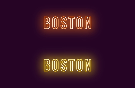 Neon name of Boston city in USA. Vector text of Boston, Neon inscription with backlight in Bold style, orange and yellow colors. Isolated glowing title for decoration. Without overlay modeのイラスト素材