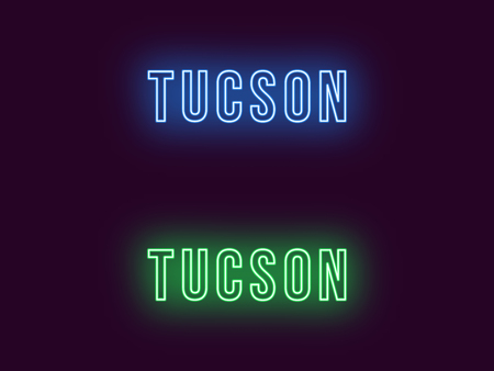 Neon name of Tucson city in USA. Vector text of Tucson, Neon inscription with backlight in Bold style, blue and green colors. Isolated glowing title for decoration. Without overlay modeのイラスト素材