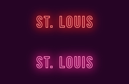 Neon name of St Louis city in USA. Vector text of St Louis, Neon inscription with backlight in Bold style, red and pink colors. Isolated glowing title for decoration. Without overlay modeのイラスト素材