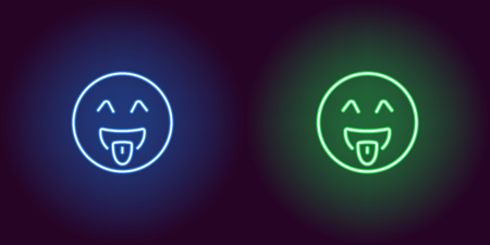 Neon illustration of teasing emoji. Vector icon of cartoon teasing emoji with tongue and winking eyes in outline neon style, blue and green colors. Glowing emoticon with backlightのイラスト素材