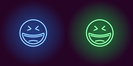 Neon illustration of laughing emoji. Vector icon of cartoon laughing emoji with narrowed eyes in outline neon style, blue and green colors. Glowing emoticon with backlightのイラスト素材