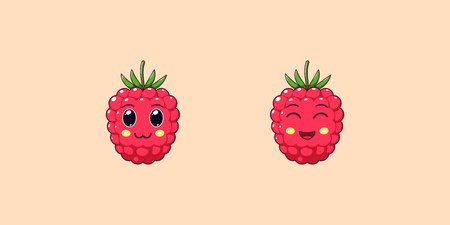 Cute Kawaii Raspberry, Cartoon Ripe Fruit. Vector illustration of Cartoon Sweet Raspberry with Charming and Cheerful Face, Funny Emoji. Juicy Berry Sticker. Print for T-shirt. Friendly Characterのイラスト素材
