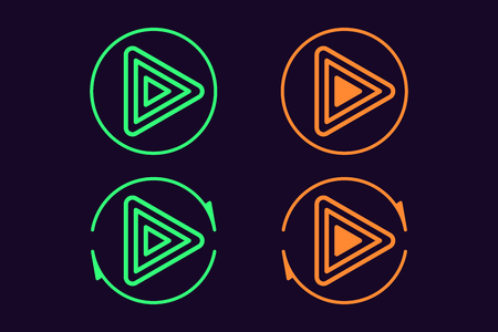 Icon set of Play button. Vector illustration of round Play sign with repeating circular arrow. Isolated outline icon, sign, symbol. UI element. Green and orange colorのイラスト素材