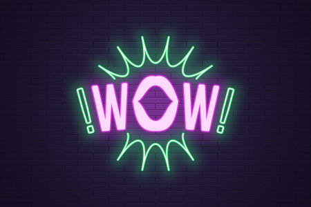 Neon composition of Wow phrase. Vector illustration of glowing Neon text Wow with woman mouth and bang effect. Bright digital signboard. Green and purple colorのイラスト素材