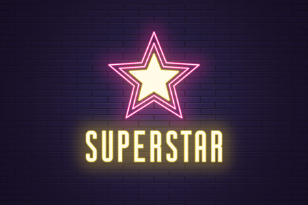 Neon composition of glowing Superstar. Vector glowing illustration of Neon star with text Superstar. Bright digital signboard for Entertainment industry. Yellow and pink colorのイラスト素材