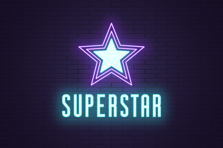 Neon composition of glowing Superstar. Vector glowing illustration of Neon star with text Superstar. Bright digital signboard for Entertainment industry. Violet and blue colorのイラスト素材