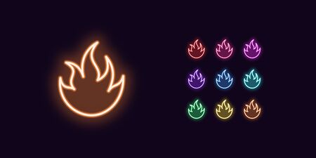 Neon Fire icon, Flame. Set of glowing Fire in Neon style with transparent backlight. Vector silhouette, red pink purple violet blue azure green yellow orange colorのイラスト素材