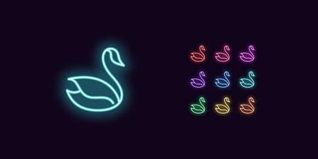Neon Swan icon, Bird. Set of glowing elegant Swan in Neon style with transparent backlight. Vector silhouette, red pink purple violet blue azure green yellow orange colorのイラスト素材
