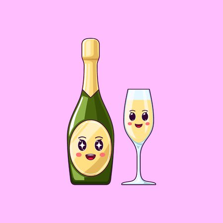 Cartoon kawaii Champagne with Admiring face. Cute Champagne bottle with Wineglass, festive Character with Rapt emotion. Vector illustrationのイラスト素材