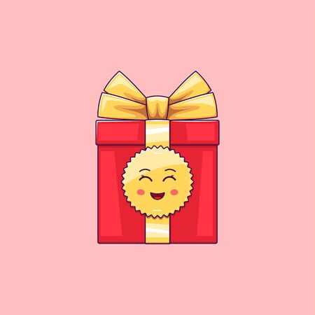 Cartoon kawaii Gift Box with Smile and Smiling eyes. Cute red Gift with golden Bowknot, festive Character with Cheerful emotion. Vector illustrationのイラスト素材