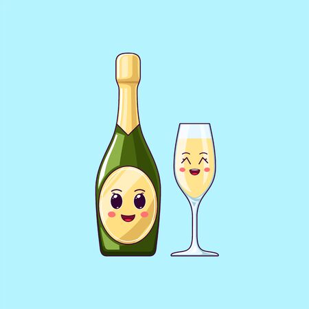 Cartoon kawaii Champagne with Cheerful face. Cute Champagne bottle with Wineglass, festive Character with Cheerful emotion. Vector illustrationのイラスト素材