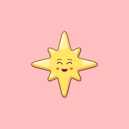Cartoon Kawaii Golden Star with Smile and Smiling Eyes. Cute Christmas and New Year Star with 8 Rays, Festive Character with Cheerful emotion. Vector illustrationのイラスト素材