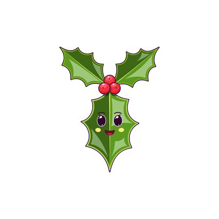 Cartoon kawaii Holly branch with Cheerful face. Cute Ilex leaf for Christmas celebration, Childish Character with Cheerful emotion. Vector illustrationのイラスト素材