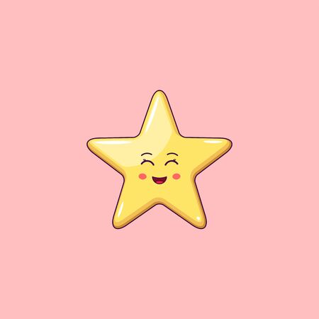 Cartoon Kawaii Golden Star with Smile and Smiling Eyes. Cute Star with 5 Rays, Childish Character with Cheerful emotion. Vector illustrationのイラスト素材
