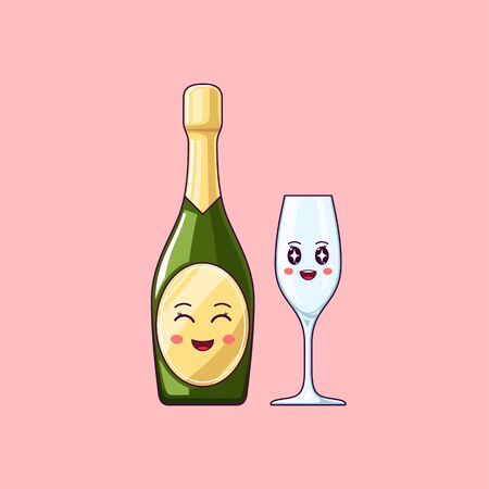 Cartoon kawaii Champagne with Smile and Smiling eyes. Cute Champagne bottle with Wineglass, festive Character with Cheerful emotion. Vector illustrationのイラスト素材