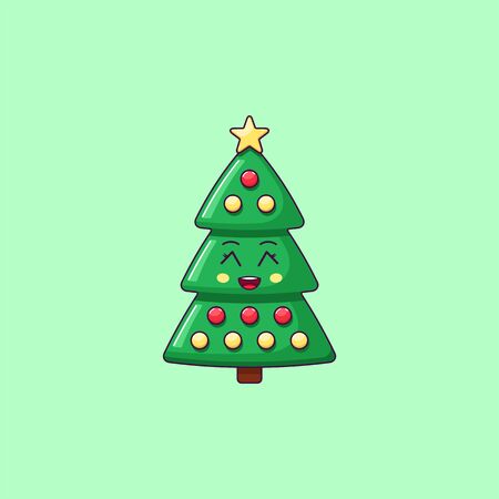 Cartoon kawaii Christmas tree with Grinning face. Cute green Christmas tree with decorations, Childish Character with Cheerful emotion. Vector illustrationのイラスト素材