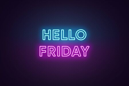 Neon text of Hello Friday. Greeting banner, poster with Glowing Neon Inscription for Friday with textured background. Bright Headline with blue and purple colors. Vector illustrationのイラスト素材