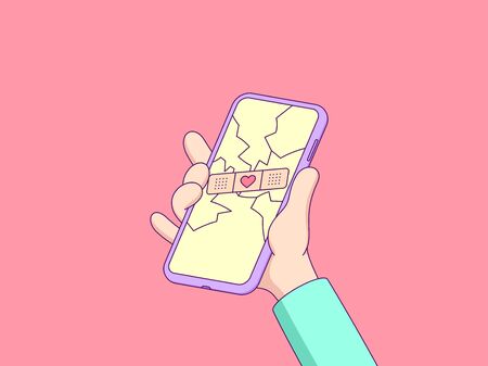 Cartoon hand keeps touchscreen phone with cracked display. Broken screen repaired by patch with heart. Repair service with love, well done. Vector minimalistic illustration, mockup for your ideaのイラスト素材