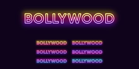 Neon Bollywood name, Indian Cinema industry. Set of glowing Neon text Bollywood. Isolated digital collection of Gradient Headlines for Banner and Poster design. Vector illustrationのイラスト素材