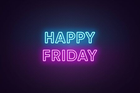 Neon text of Happy Friday. Greeting banner, poster with Glowing Neon Inscription for Friday with textured background. Bright Headline with blue and purple colors. Vector illustrationのイラスト素材