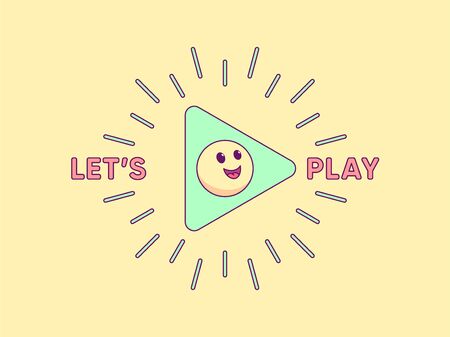 Lets play, cartoon composition with play sign surrounded rays, cheerful emoji and slogan text. Minimalistic vector illustration, gaming social media contentのイラスト素材