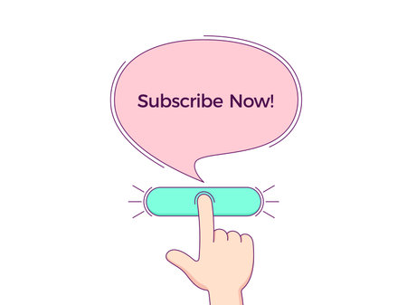 Call to action with text Subscribe Now. Cartoon human hand push the button by forefinger, bubble tooltip with phrase explaining CTA button. Vector minimalistic illustrationのイラスト素材
