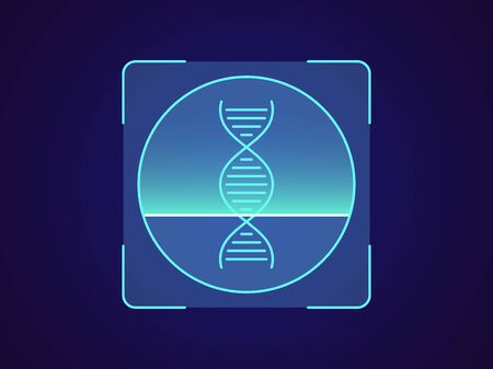 DNA recognition. Biometric scanning system for human biomaterial, holographic interface of person identification. DNA ID technology. System recognition and verification. Vector illustrationのイラスト素材