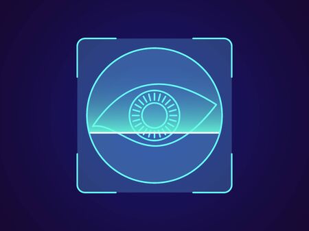 Eye iris recognition. Biometric scanning system for human eye, holographic interface of person identification. Iris eye ID technology. System recognition and verification. Vector illustrationのイラスト素材