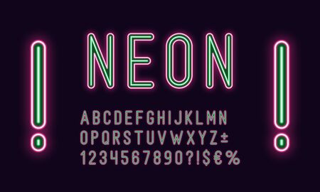 Neon rounded alphabet, Pink Green color. Neon outlined Font, set of duotone glowing letters, numbers, currency and different signs, symbols. Vector typeface for typography designのイラスト素材