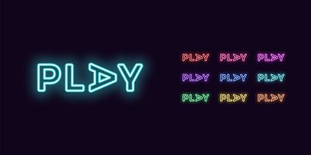 Neon text Play, expressive Title. Set of glowing Play word in Neon style with transparent backlight. Vector kit, red pink purple violet blue azure green yellow orange colorのイラスト素材