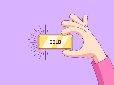 Cartoon human hand keeps and shows gold bar. Golden ingot with rays, bank reserve. Vector minimalistic illustration for social media networkのイラスト素材