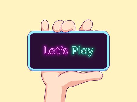 Cartoon human hand keeps and shows touchscreen phone with neon text Lets Play on the display. Phone template composition for game content. Vector illustration for social media networkのイラスト素材