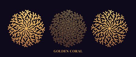 Golden reef coral by round shape. Third set of gold coralline silhouettes in solid and outline style on the black background, isolated collection of marine symbols. Vector illustrationのイラスト素材