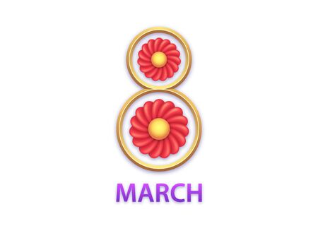Holiday 8 March, International Womens Day. Festive postcard, poster and banner. Composition with red marmalade flowers inside golden digit 8. Minimalist design, vector illustrationのイラスト素材