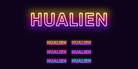 Neon Hualien name, City in Taiwan. Neon text of Hualien city. Vector set of glowing Headlines with transparent backlight. Bright Gradient colorsのイラスト素材